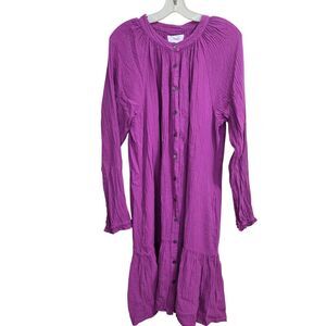 Xirena Midi Gauze Dress Fuchsia XL Button Front Long Sleeve Drop Waist Pockets